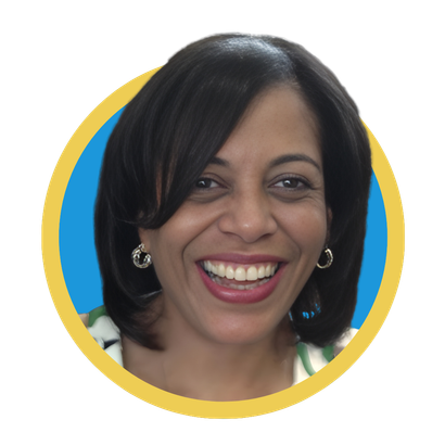 Susan Robinson, M.Ed., M.S., CCC-SLP
smiling broadly, centered in a circular frame with a blue background and a yellow border.