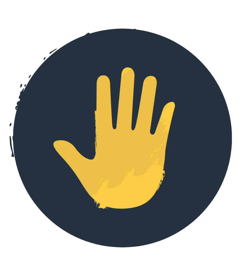 A yellow hand in a black circle on a white background.