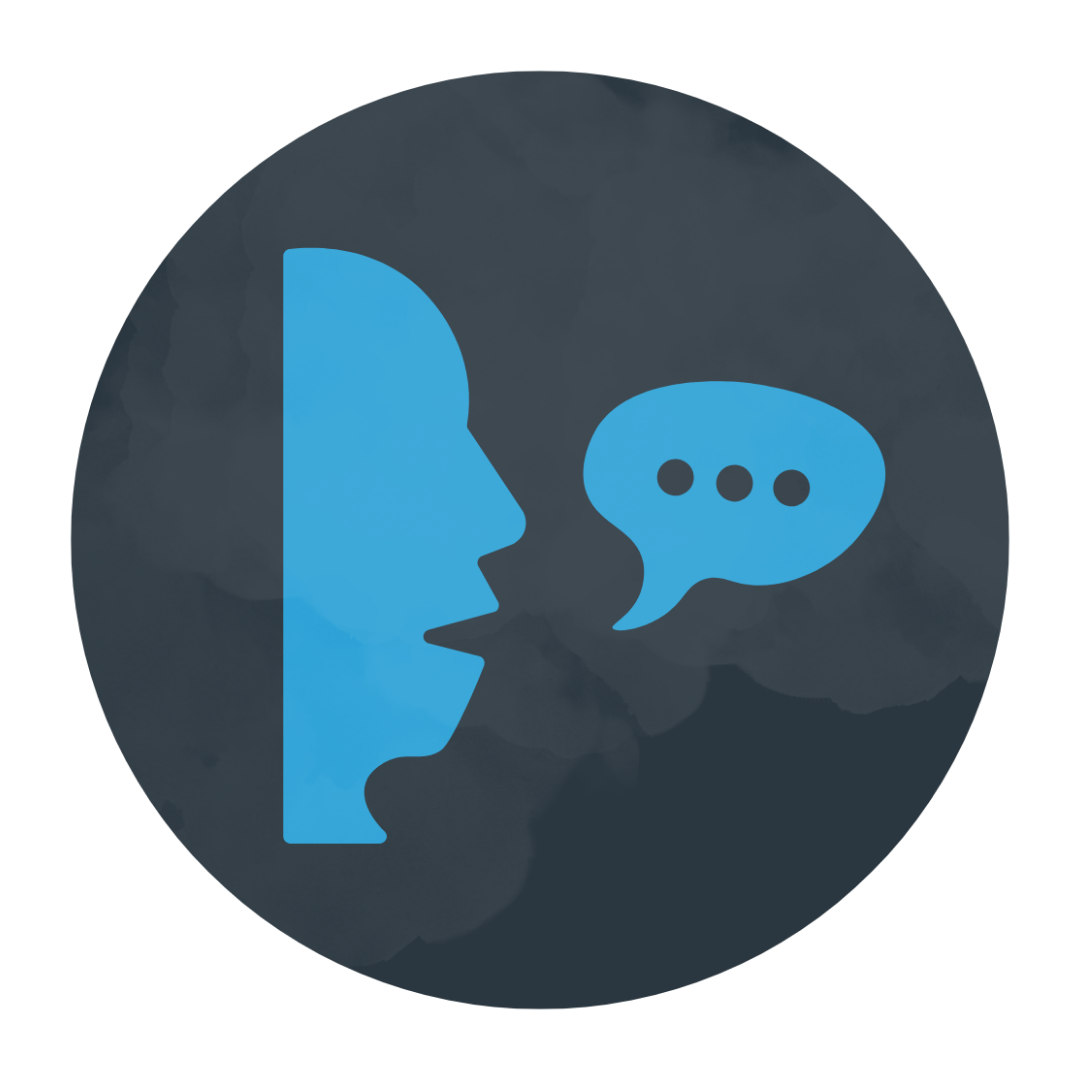 A blue icon of a person talking with a speech bubble