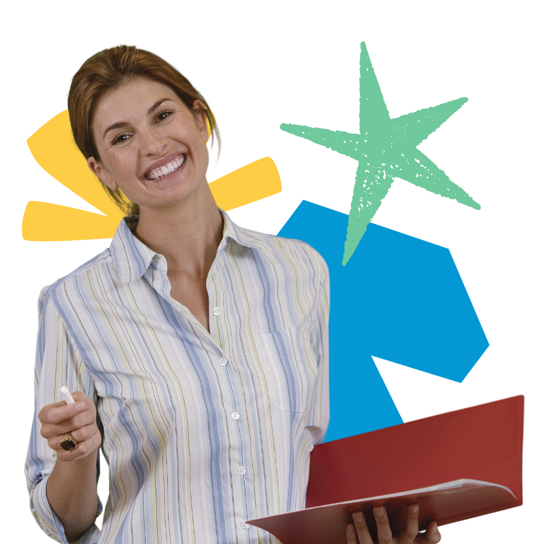 A teacher in a striped shirt is smiling while holding a red folder