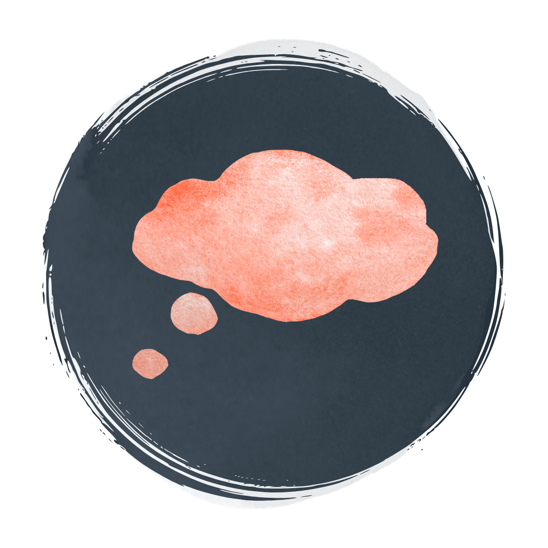 A pink thought bubble in a circle on a black background.
