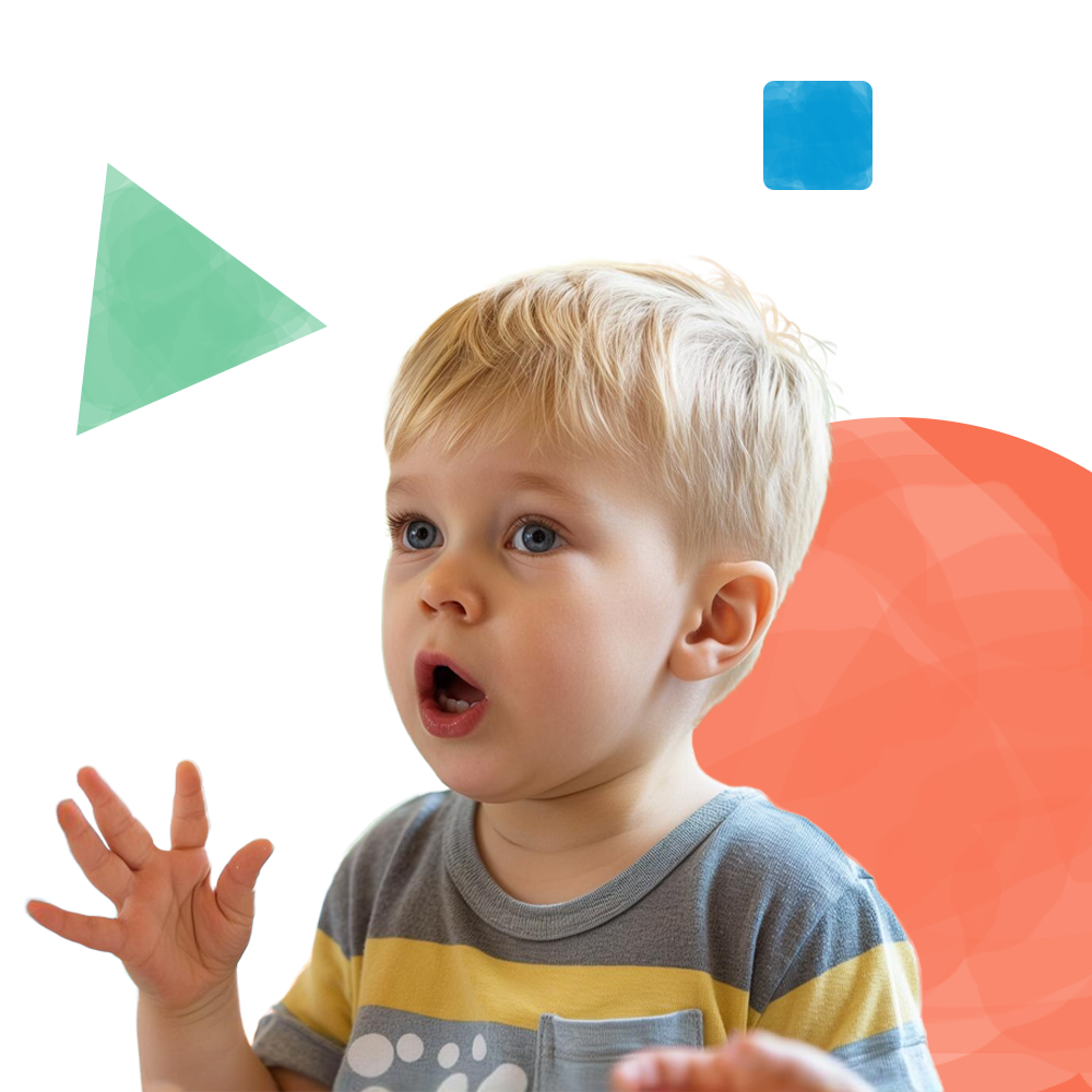 A preschooler, wearing a striped shirt, appears surprised gesturing with both hands. The background features shapes in green, blue, and red.