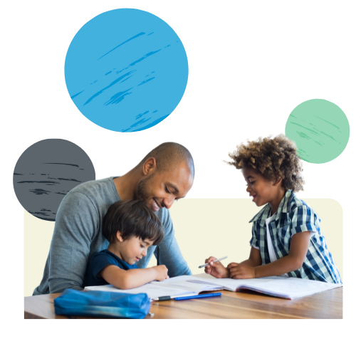 A father helps his two sons with homework.