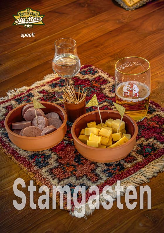 Three bowls of sweets and two glasses on a patterned rug on a wooden table, with “Stamgasten” text.