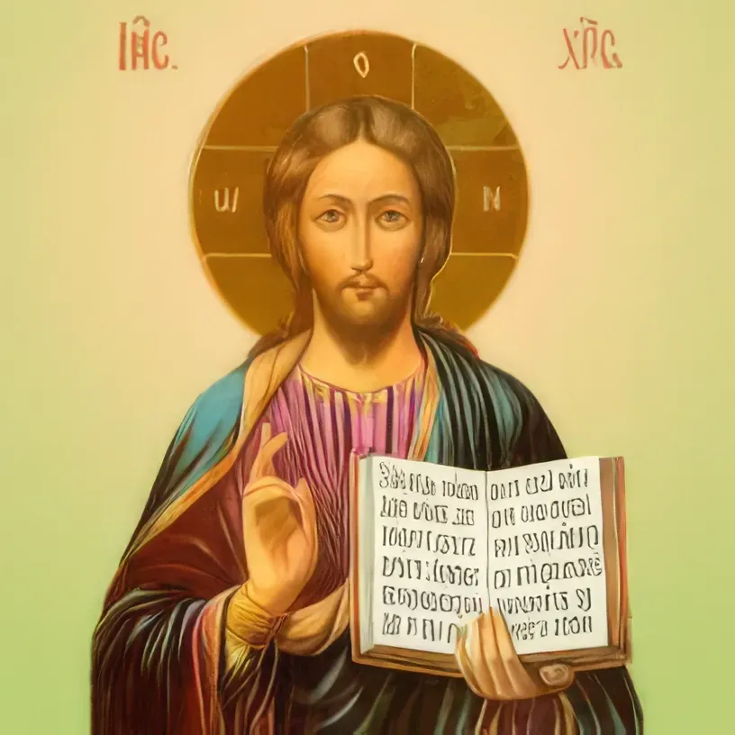 Icon of Jesus Christ holding a book, haloed in gold, right hand raised in blessing.