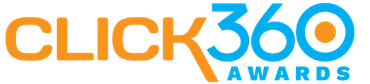 A blue and orange logo for click 360 on a white background