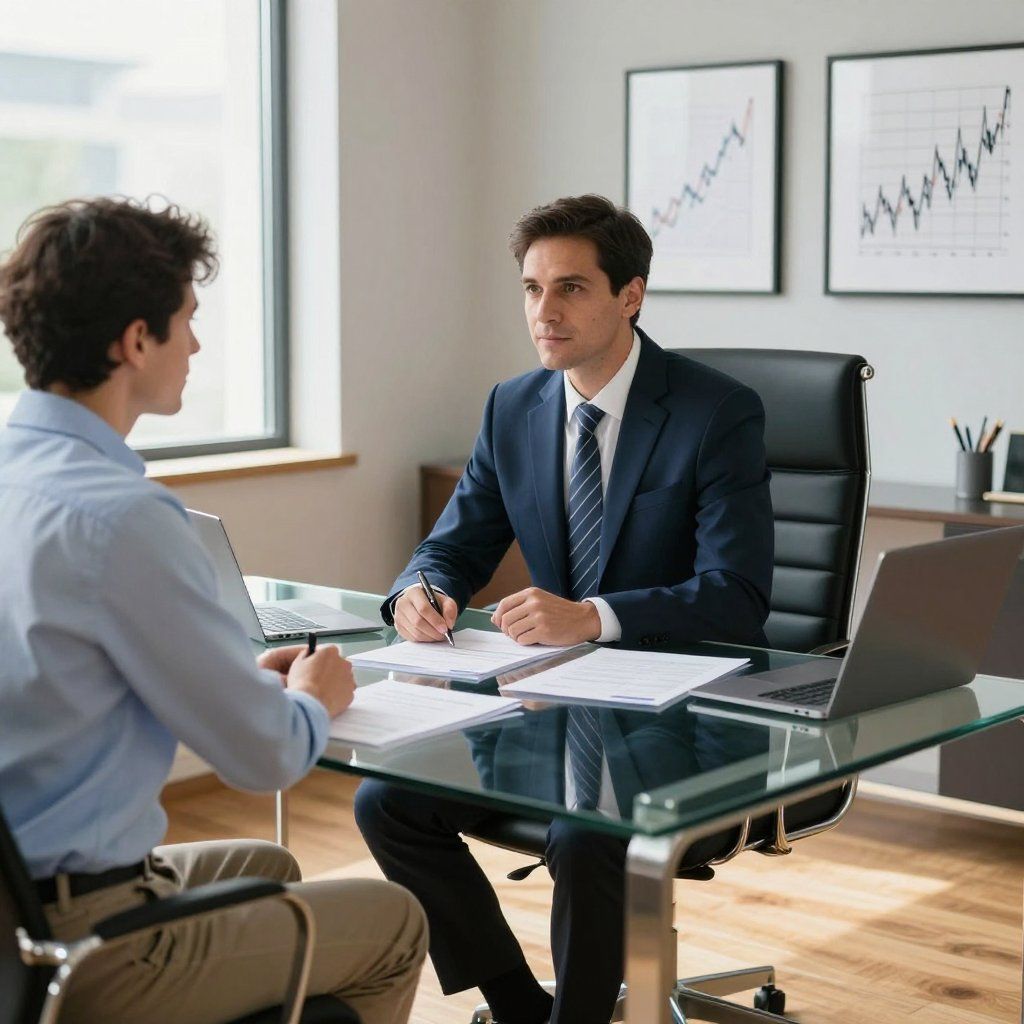 Two people in a bright office discussing documents across a glass desk, with charts on the wall.