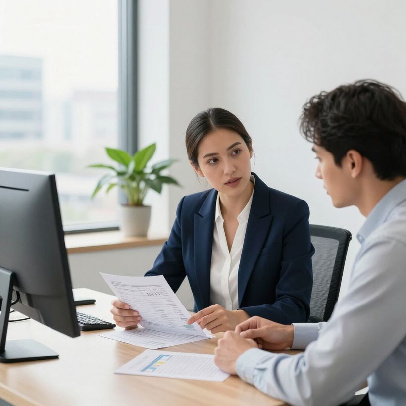 Two coworkers discuss documents at a desk beside a computer in a bright office.