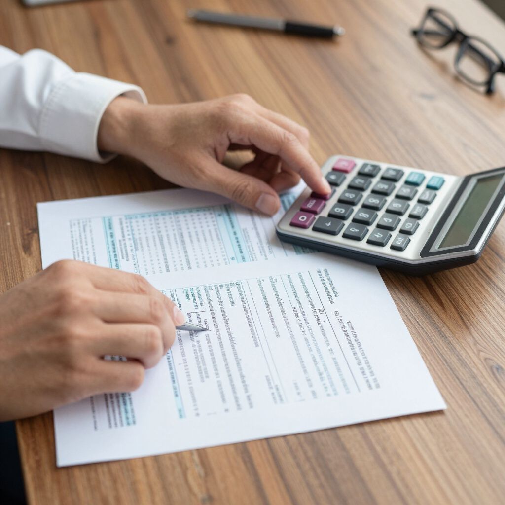 Hands using a calculator and marking a form on a wooden desk with glasses nearby