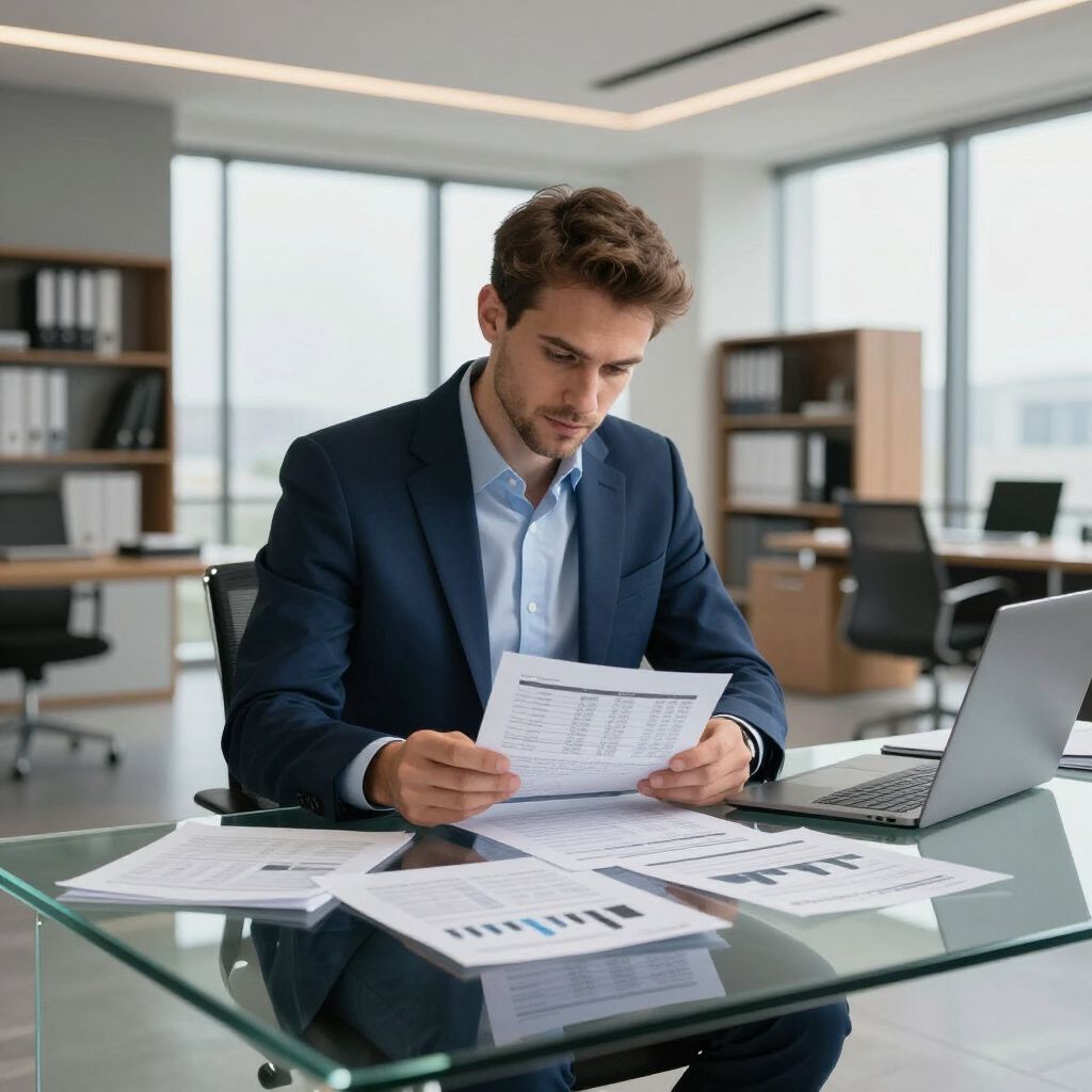 Man in a navy suit reviewing financial charts at a glass desk in a modern office
