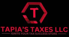 Red and black logo for Tapia’s Taxes LLC with slogan “Ignite Your Tax Success Store”