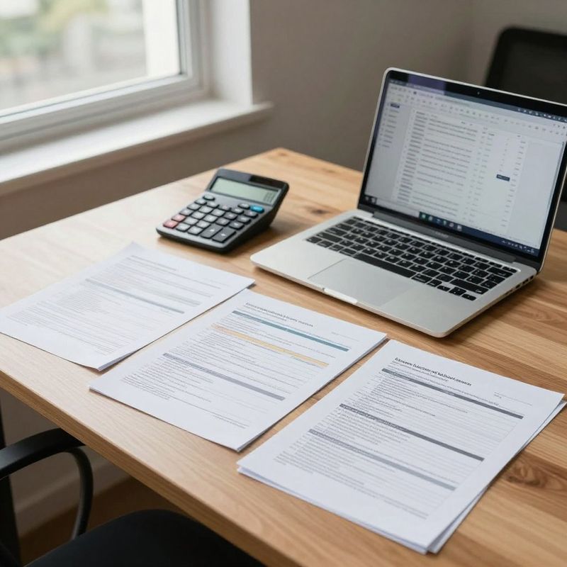 Desk with laptop, calculator, and paperwork by a window in a home office.
