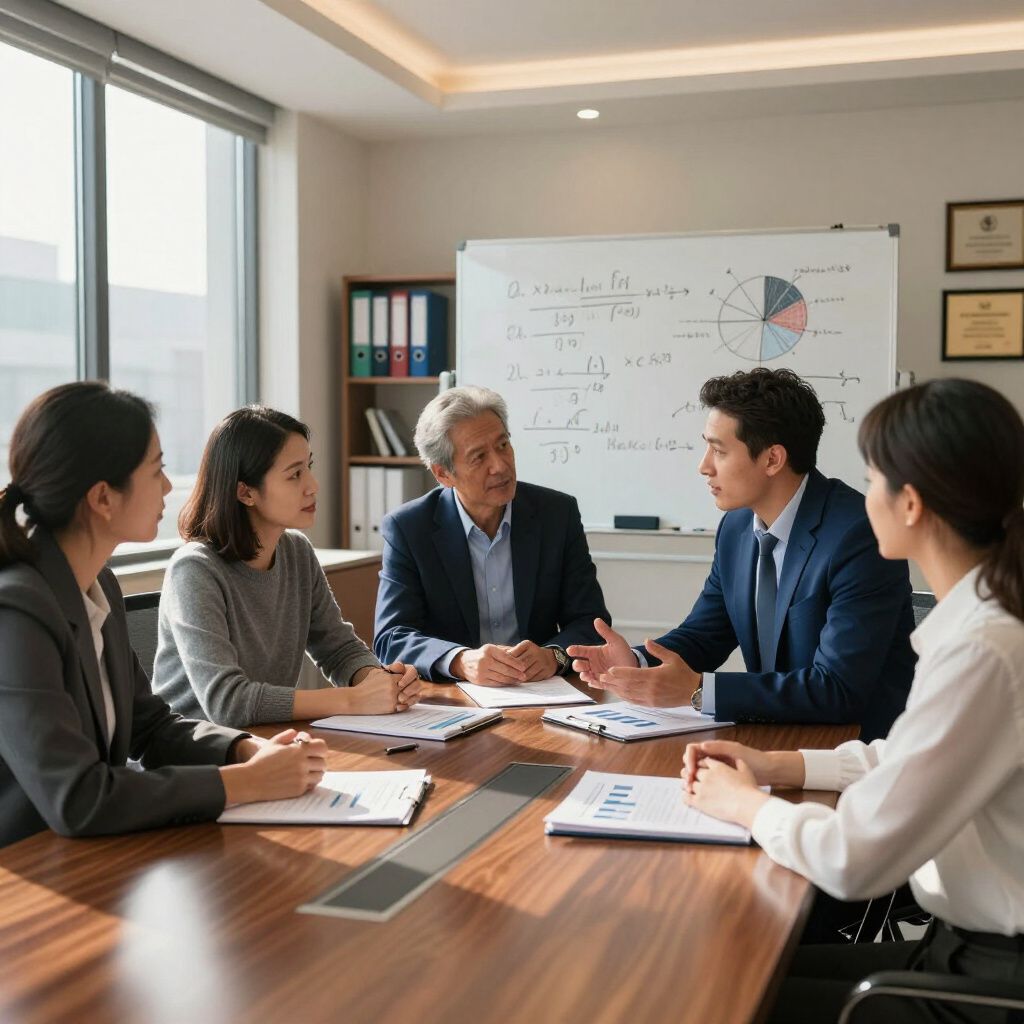Business meeting in a conference room with five people discussing documents around a table, whiteboard behind them