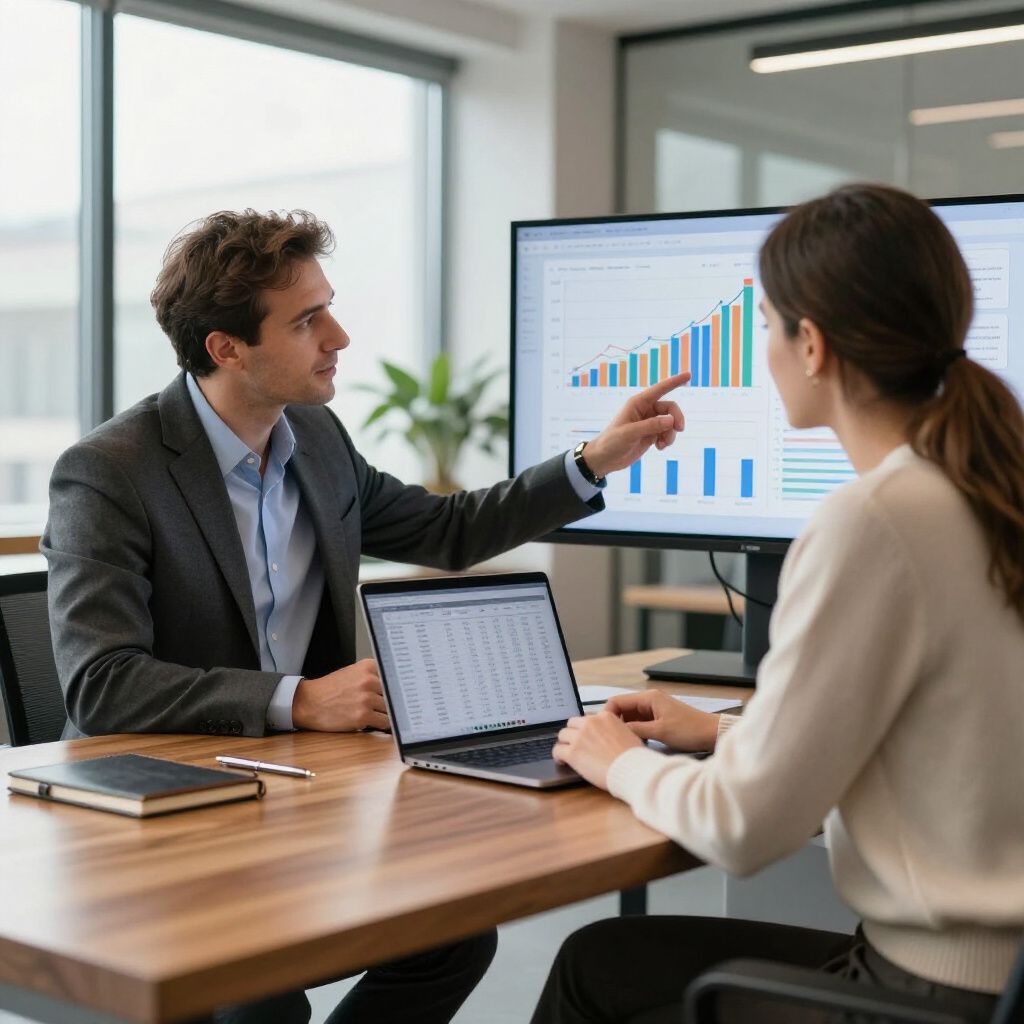Two coworkers discuss growth charts in a bright office with a laptop open on the desk.