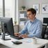 Man typing at a desk in a bright office, looking at a large monitor with a coffee mug nearby