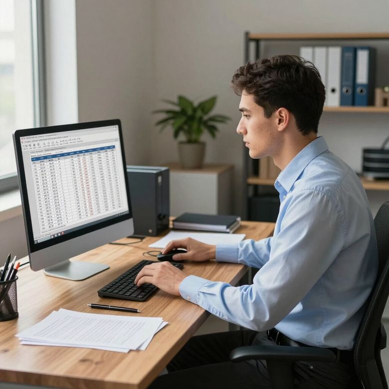 Person working at a desk on a desktop computer in a bright office
