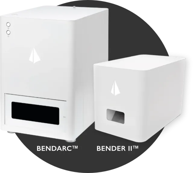 Two white wire-bending machines with bendarc and bender ii written on them