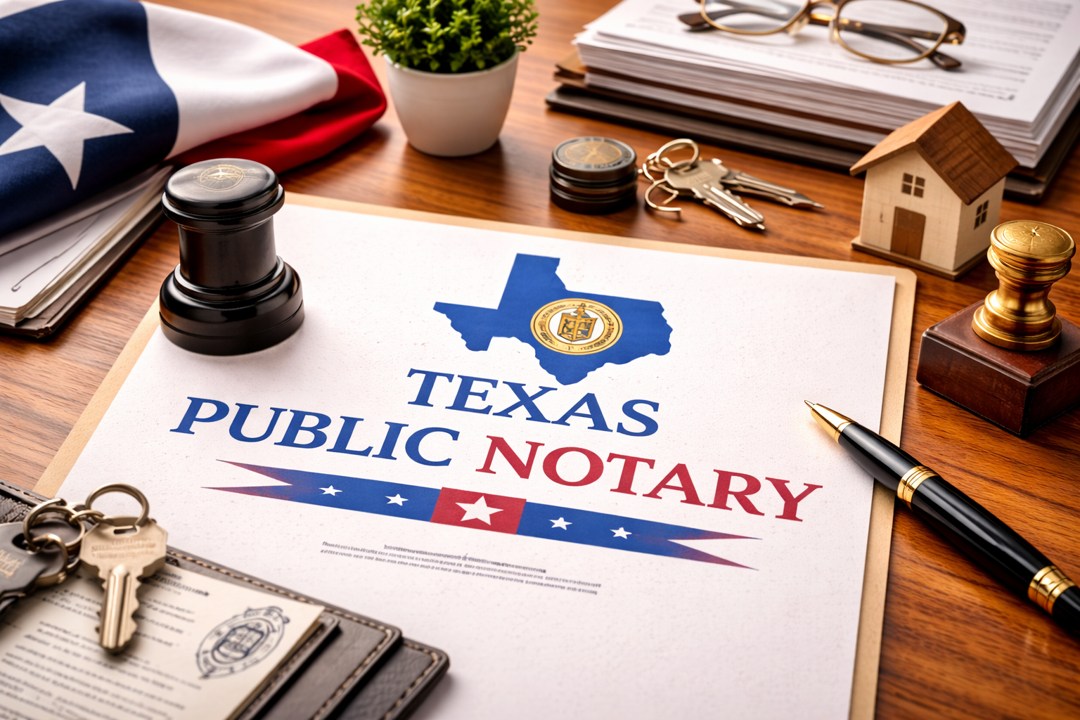 Texas Public Notary document with keys, gavel, flag, and small house on wooden desk.
