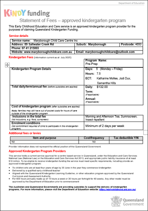 Statement of fees for a Queensland kindergarten program. Contains program details, fees, and additional fees information.