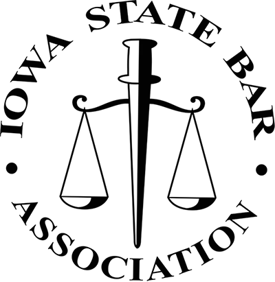 Iowa State Bar Association logo: Scales of justice with a sword in the center, surrounded by text.