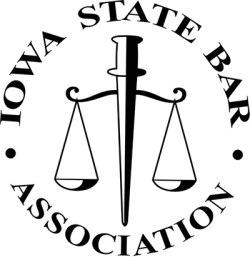 Iowa State Bar Association logo: Scales of justice with a sword in the center, surrounded by text.