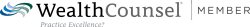 WealthCounsel logo with a swirling green and blue design and "MEMBER" text.