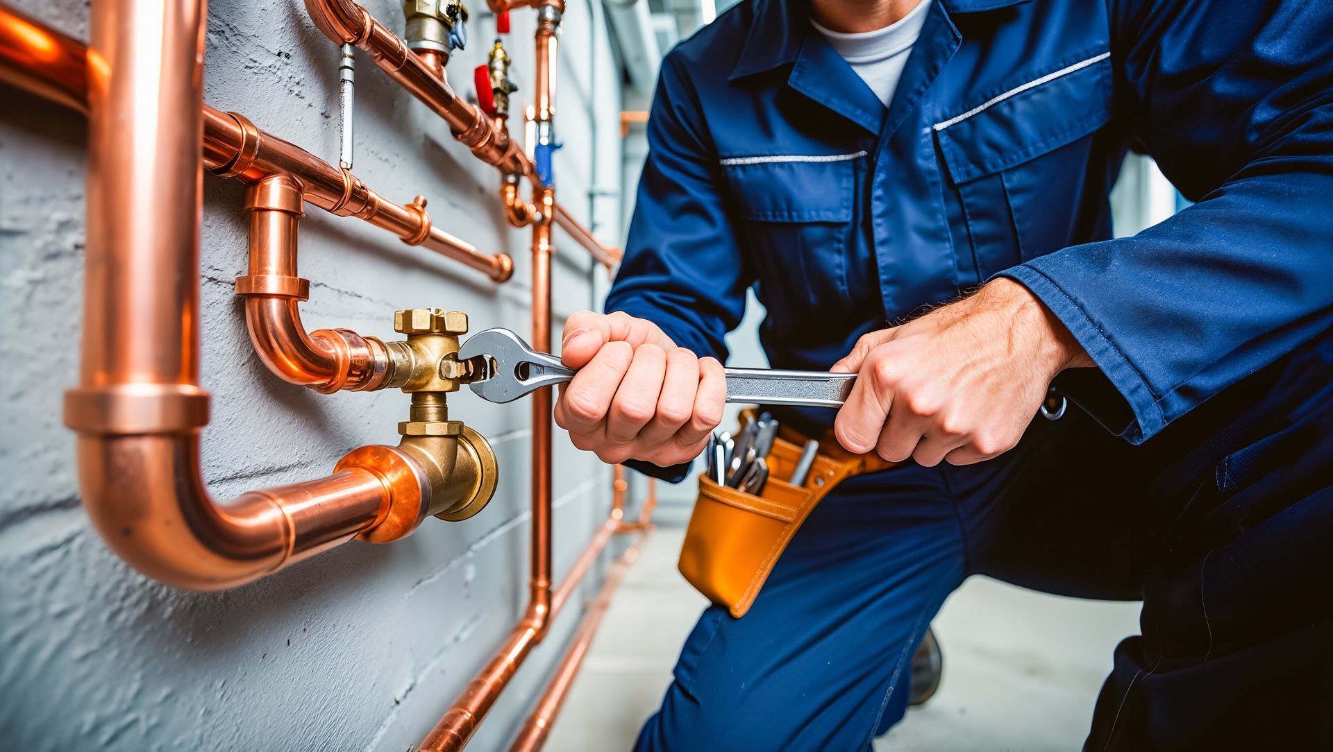 Professional plumber in blue uniform adjusting copper pipes with a wrench.