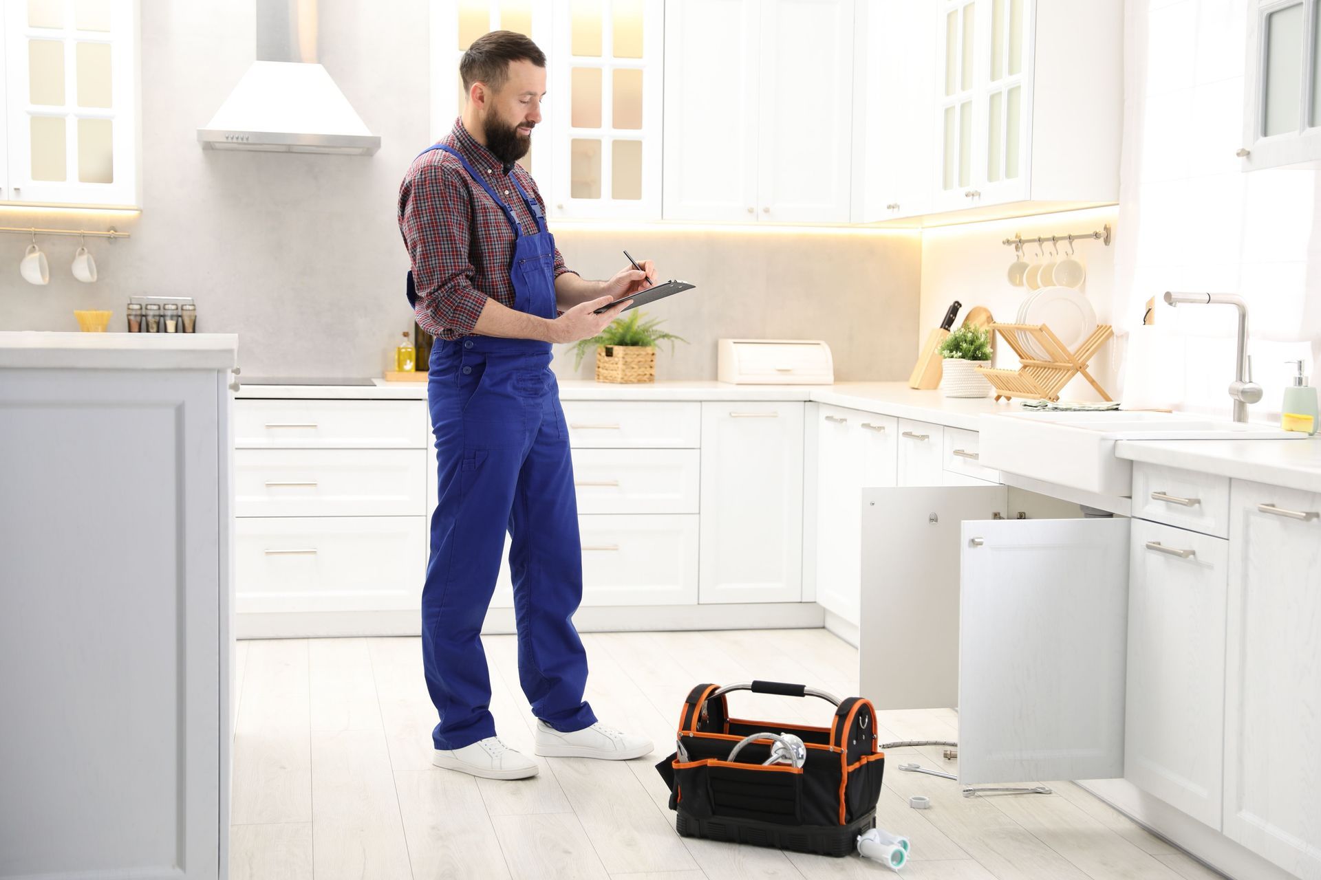 Residential plumbing contractor in uniform with clipboard writing in kitchen.