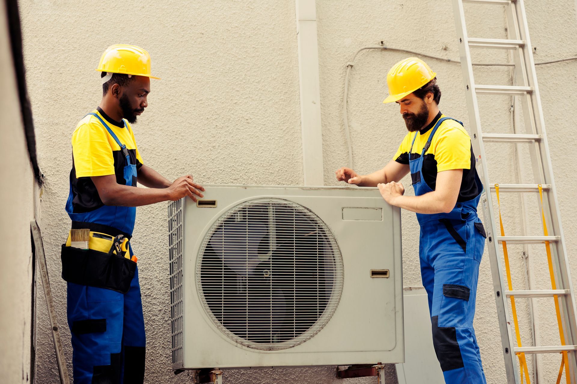 Two commercial AC contractors working on an AC system, taking apart the condenser coil panel.