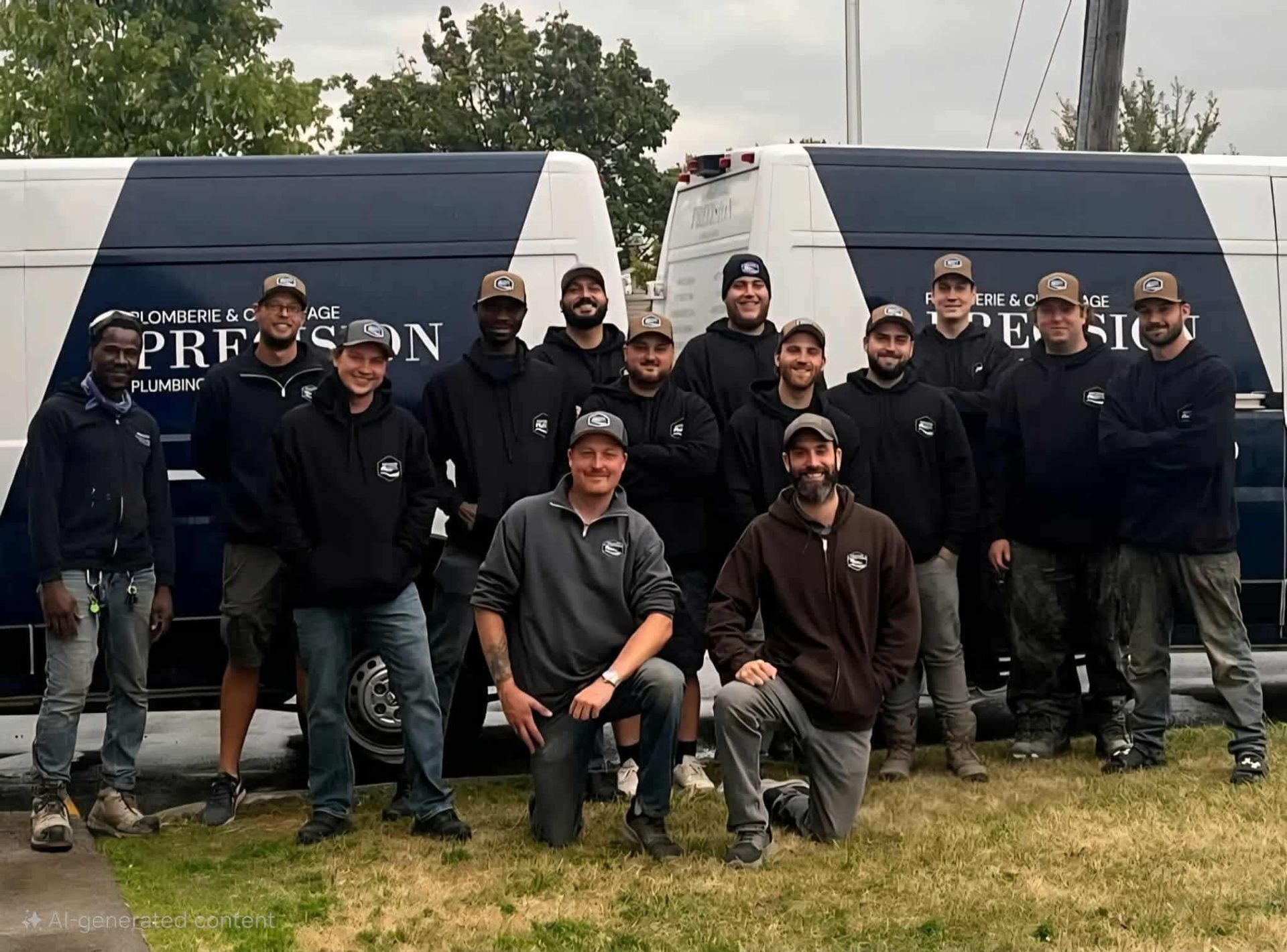 A group of men are posing for a picture in front of precision vans.