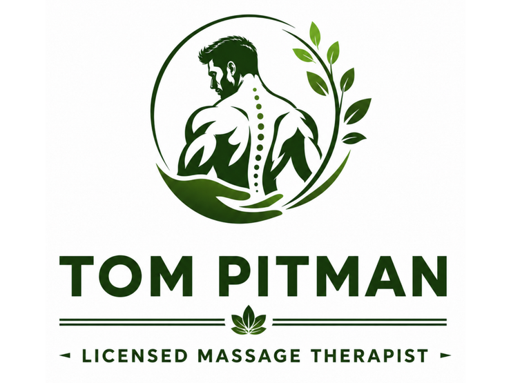 Green logo of a muscular back with leaves, above text “TOM PITMAN” and “LICENSED MASSAGE THERAPIST”