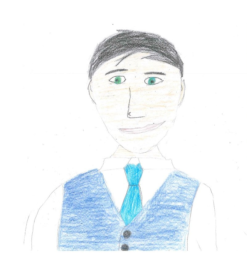 Man with green eyes, dark hair, blue vest and tie, smiling.