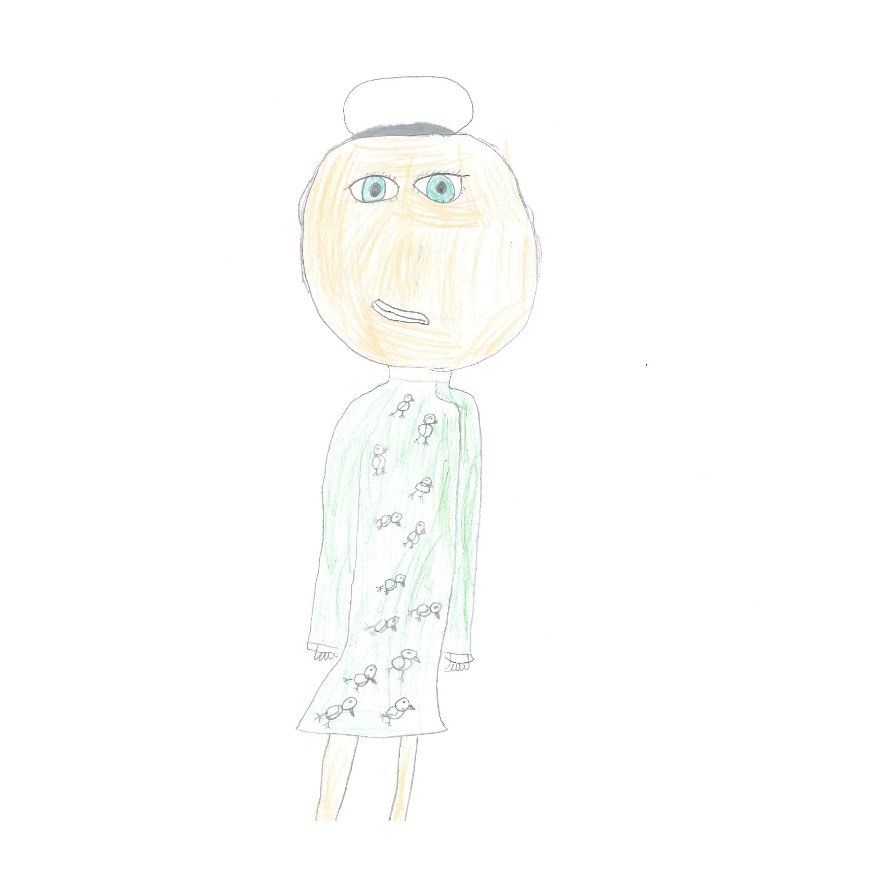 A drawing of a woman wearing a green dress and cap. She has blonde hair, blue eyes and a small frown.