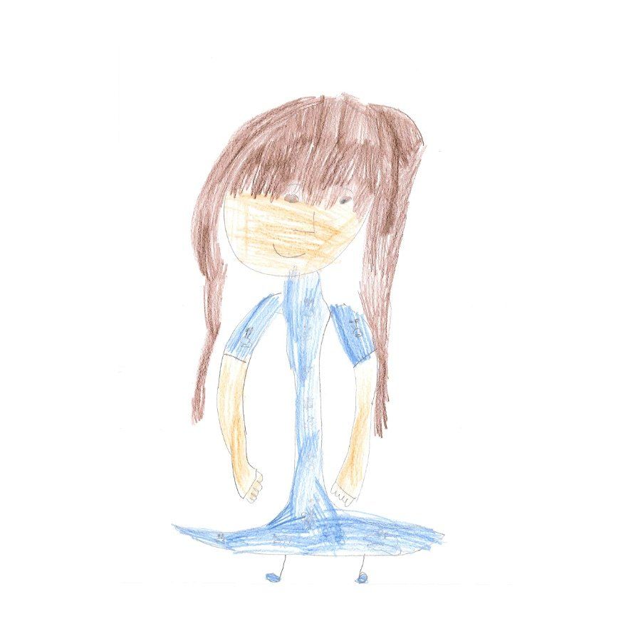 Child's drawing of a girl with long brown hair, wearing a blue dress and a mask.