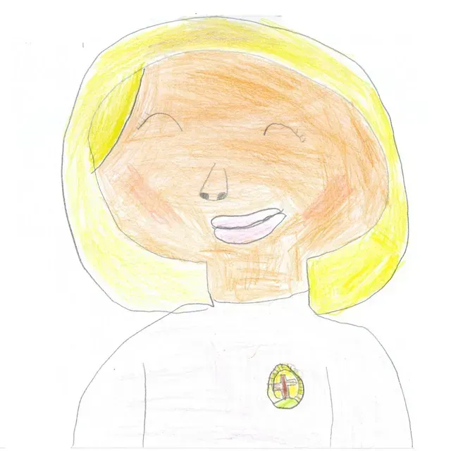 Smiling person with yellow hair, wearing a white shirt with a golden badge.