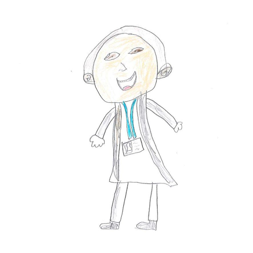 Cartoon drawing of a person with a powdered wig, smiling widely, wearing a coat and holding a name tag.