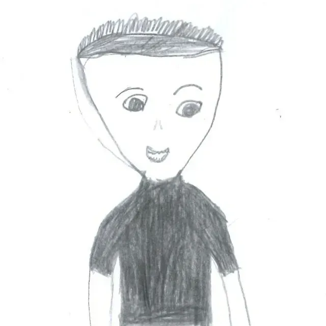 A drawing of a person with a smile, wearing a black shirt and short, dark hair.
