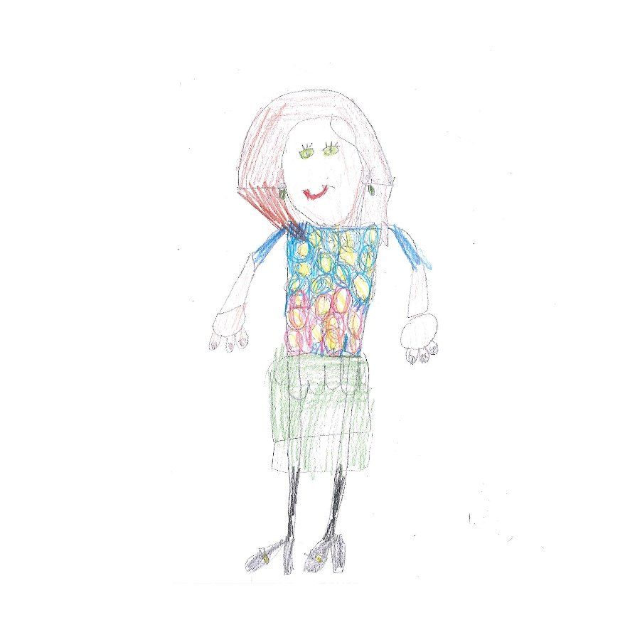 Child's drawing of a woman in a colorful top and green skirt, with black heels and smiling.