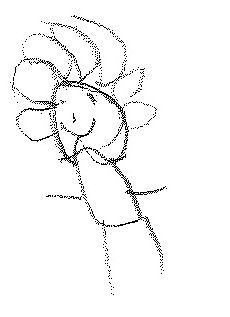 Child's drawing of a smiling person with large hair and small arms.