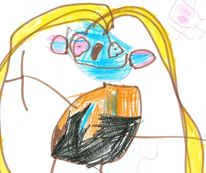 Child's drawing of a blue-faced person with pink ears, long yellow hair, and an orange and black outfit.