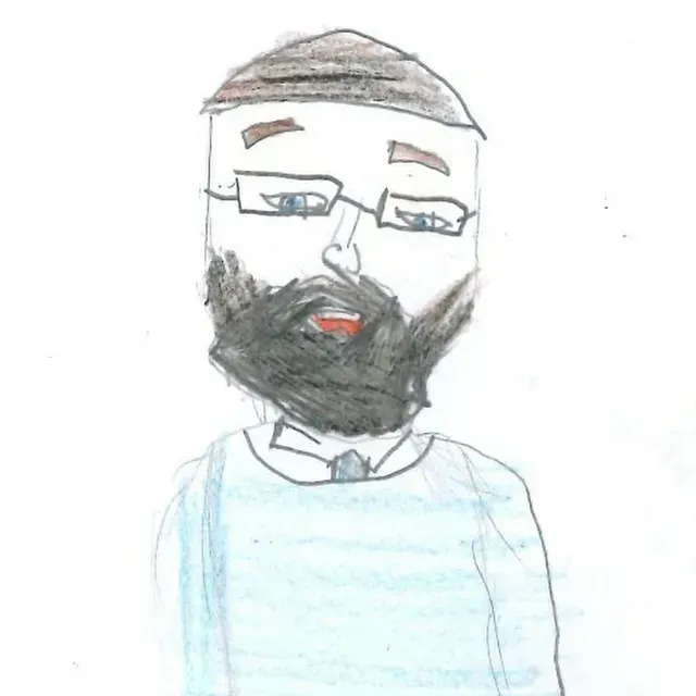 A drawing of a person with a smile, wearing a black shirt and short, dark hair.