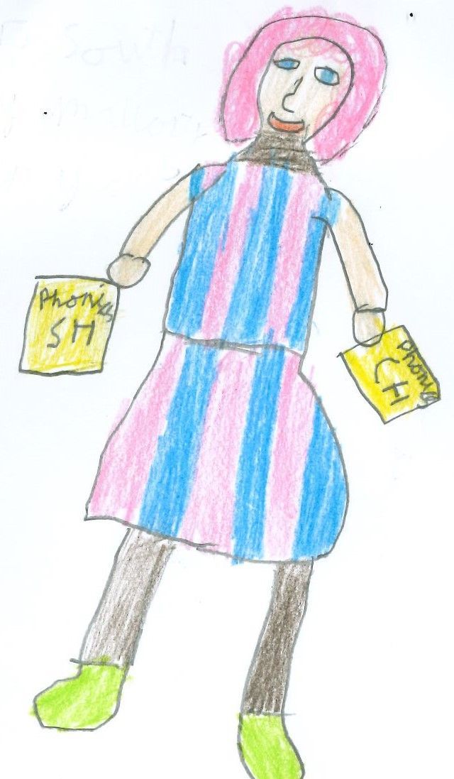A child's drawing of a woman in striped pink and blue dress, holding yellow signs that say 