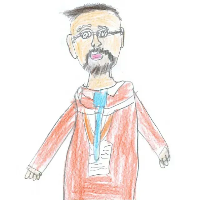 Child's crayon drawing of a person with orange body, pink hair, and blue lines extending from it.