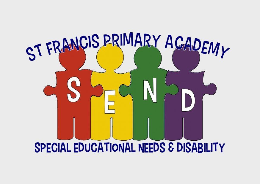 Logo for St. Francis Primary Academy's SEND program: colorful puzzle pieces spelling SEND, with school name above and