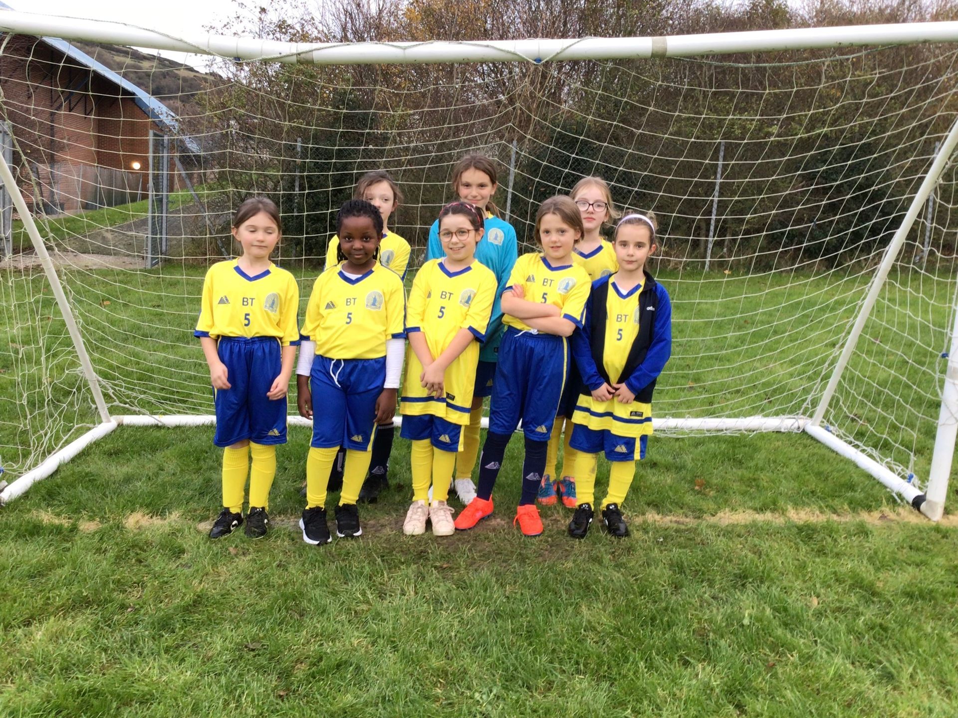 A group of young girls are posing for a picture in front of a soccer goal.