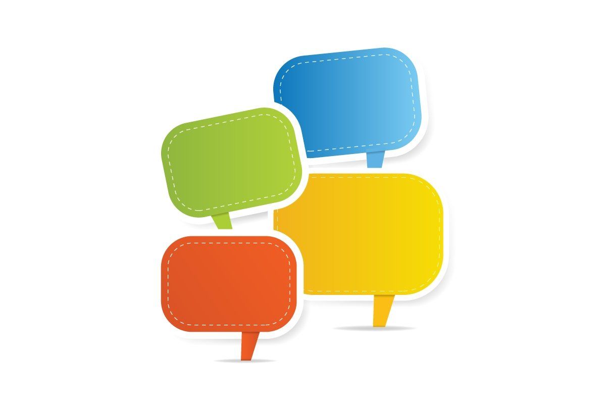Four colorful speech bubbles overlapping; green, blue, yellow, and orange, on white background.
