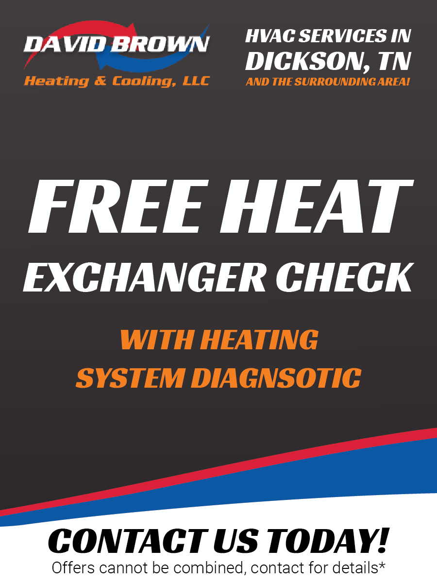 Promotional offer for a free heat exchanger check with system diagnostic from David Brown Heating & Cooling, including a call to action to contact today.
