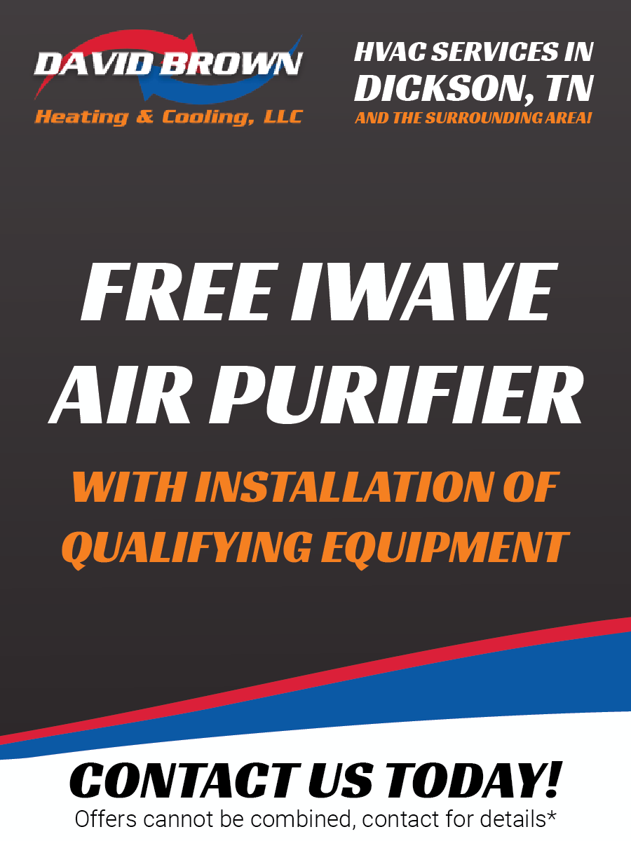 Advertisement for a free iWave air purifier with the installation of qualifying equipment from David Brown Heating & Cooling services.