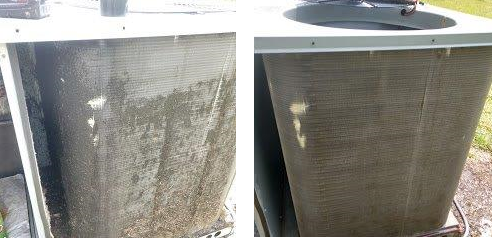Before and after image of an outdoor condenser coil after cleaning by David Brown Heating & Cooling.