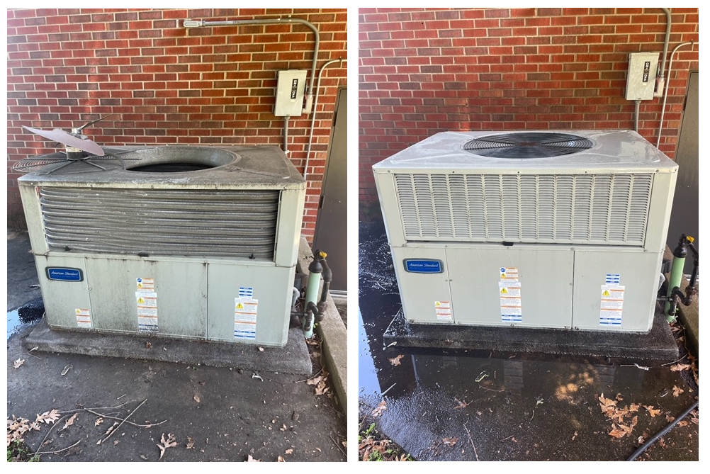 Before and after image of an outdoor HVAC unit maintenance project by David Brown Heating & Cooling.